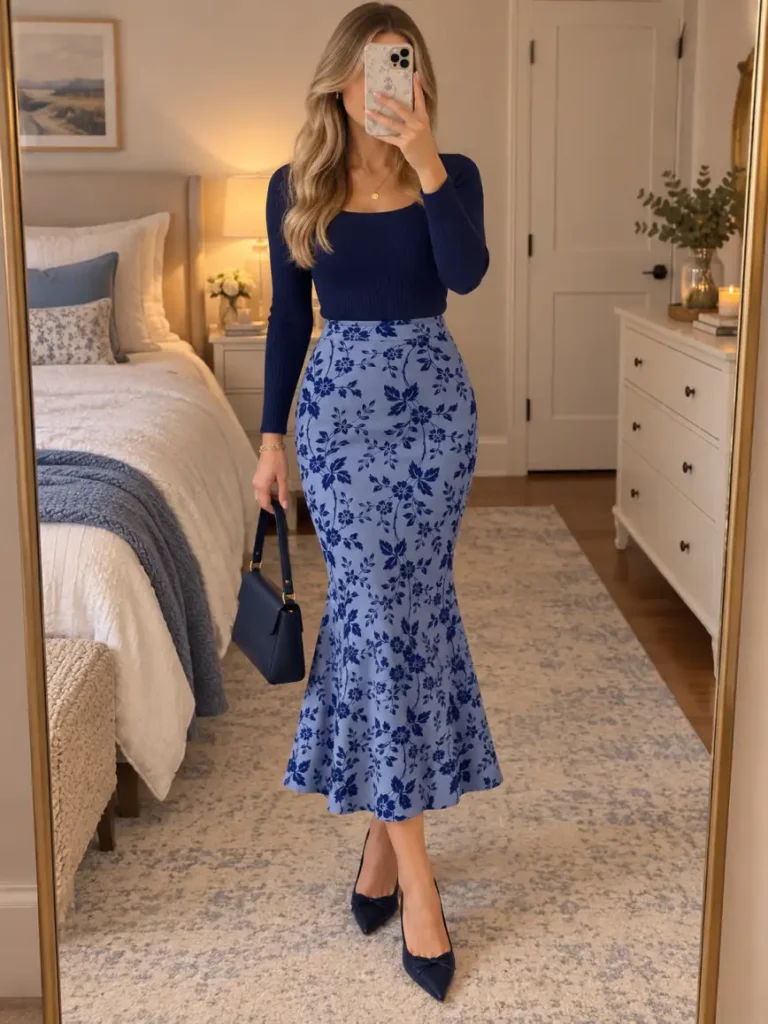 Woman wearing a blue floral mermaid midi skirt with a navy ribbed square-neck top, navy bow pumps, and a navy shoulder bag for a polished Amazon Thanksgiving outfit.