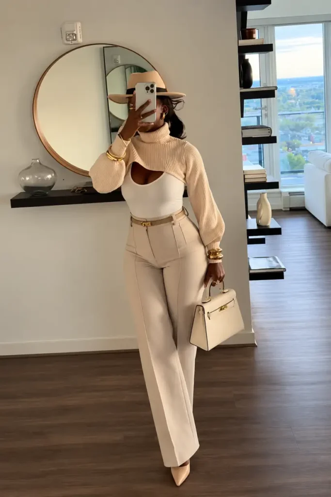 Black woman wearing a cream cropped turtleneck shrug over a white fitted top, beige wide-leg trousers, a matching fedora hat, nude heels, and an ivory handbag for a classy winter outfit.