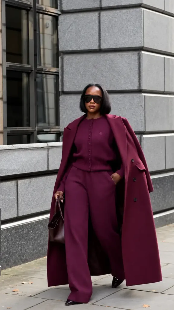 Black woman wearing a burgundy cardigan, matching wide-leg trousers, long burgundy overcoat, black pointed heels, and dark sunglasses for a classy fall work outfit.