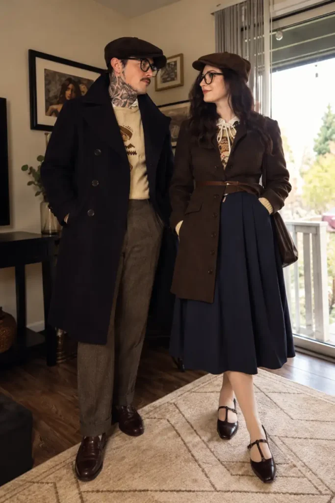 Stylish couple wearing vintage-inspired Thanksgiving outfits with dark wool coats, patterned knit sweaters, tailored trousers, a navy pleated skirt, and matching newsboy caps.