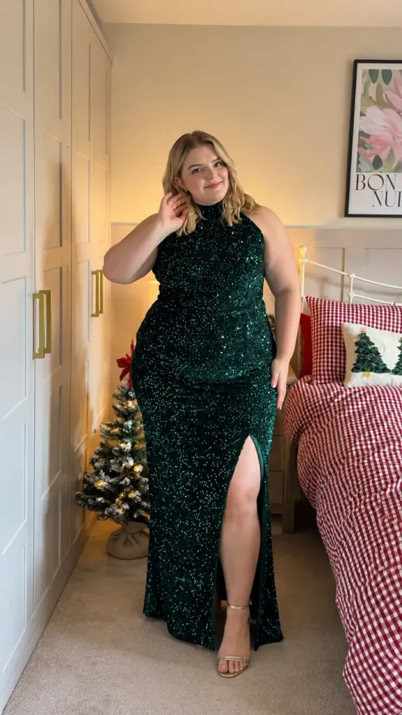 Plus-size woman wearing an emerald green sequin halter maxi dress with a thigh-high slit and nude strappy heels for an elegant Christmas party look.
