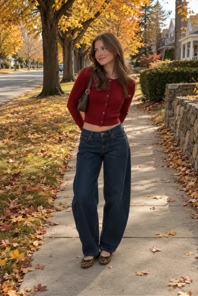 White teen girl wearing a cherry red cropped cardigan, dark-wash barrel jeans, leopard ballet flats, and a brown shoulder bag for a cute casual Thanksgiving outfit.
