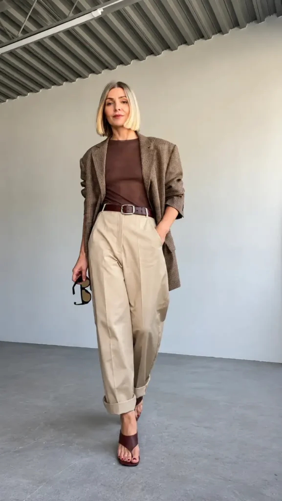 Stylish woman wearing a brown checked oversized blazer, chocolate brown top, beige cuffed trousers, and brown heeled sandals for an elegant casual Thanksgiving outfit.