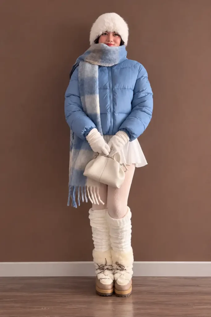 School girl wearing a powder-blue puffer jacket, fluffy white hat, oversized blue scarf, ivory mini skirt, pink patterned tights, and fur-trimmed winter boots.