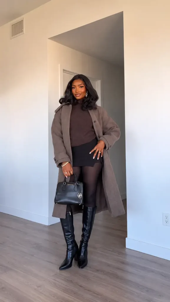 Stylish Black woman wearing a taupe-gray long coat over a chocolate brown knit sweater and black mini skirt, styled with sheer black tights and knee-high leather boots.