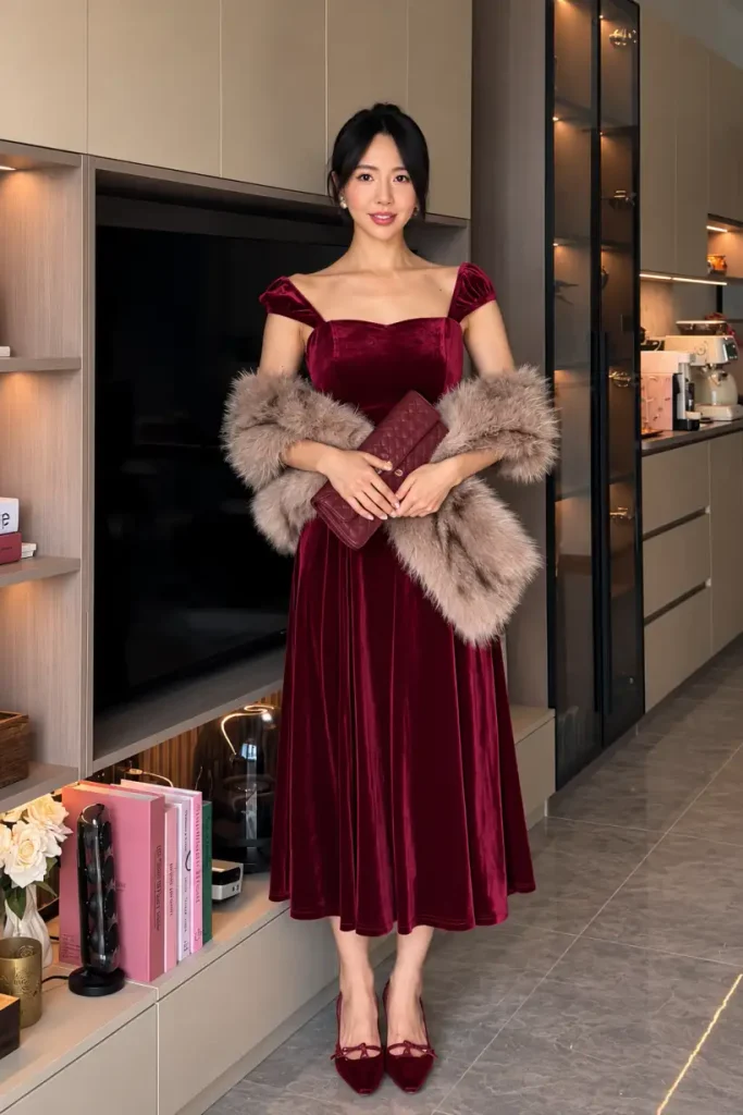 Woman wearing a burgundy velvet puff-sleeve midi dress with a sweetheart neckline, taupe faux-fur wrap, quilted clutch, and matching bow-detail heels for Christmas Eve.