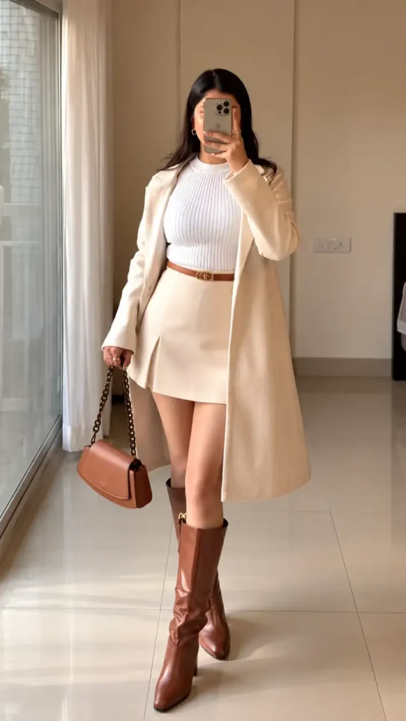 Woman styling a cream tailored coat with a white ribbed sweater, matching mini skirt, brown knee-high leather boots, and a tan shoulder bag for a chic winter outfit.