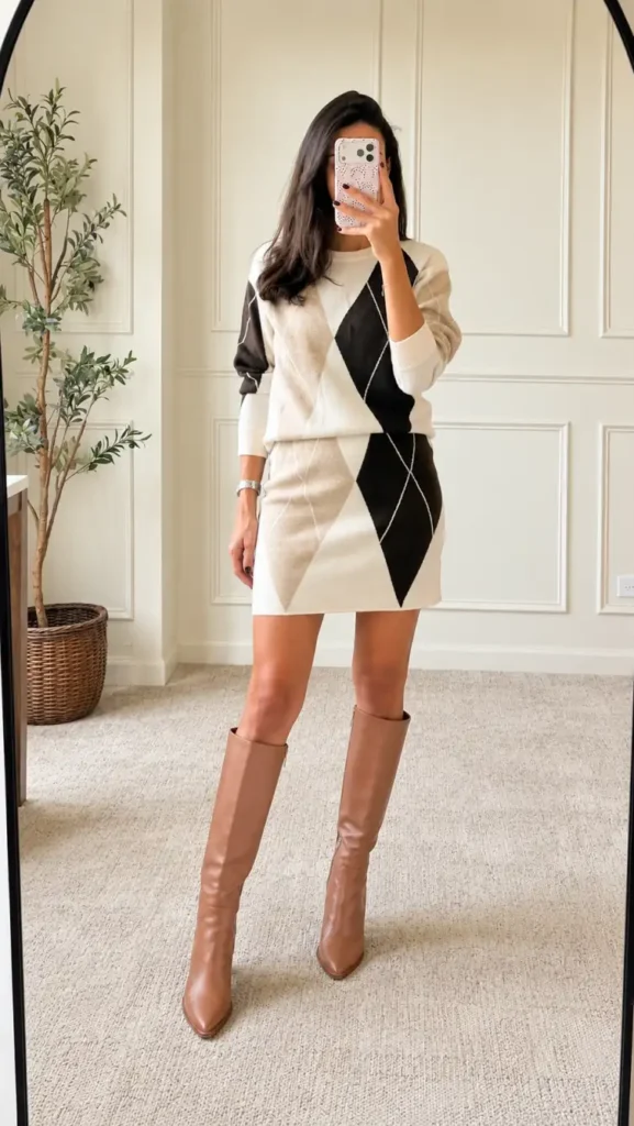 Woman wearing a matching cream, beige, and black argyle knit sweater and mini skirt set with tan knee-high boots for a classy preppy Thanksgiving look.