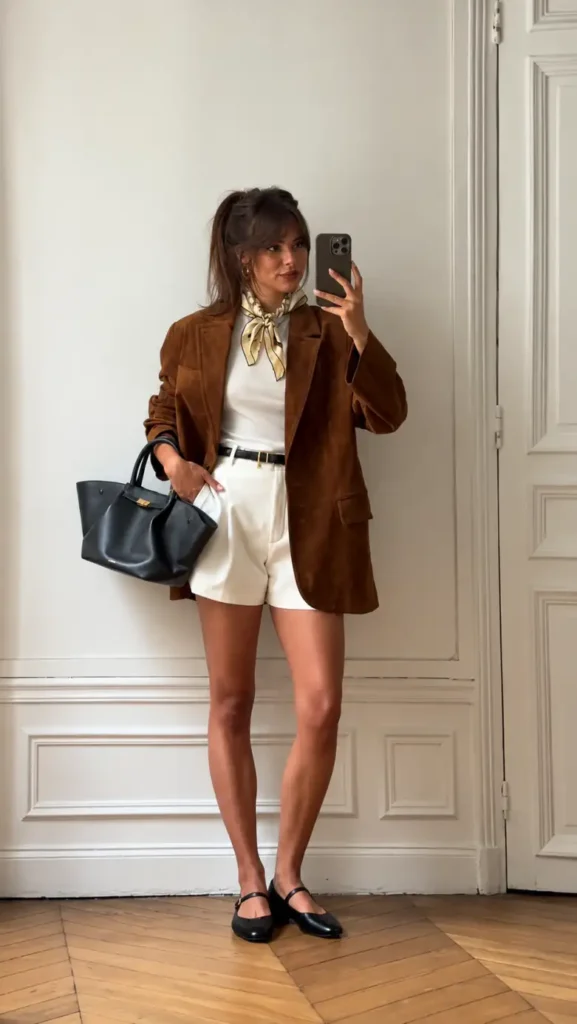 Petite woman wearing a brown suede blazer with a white fitted top, cream tailored shorts, printed neck scarf, and black ballet flats.
