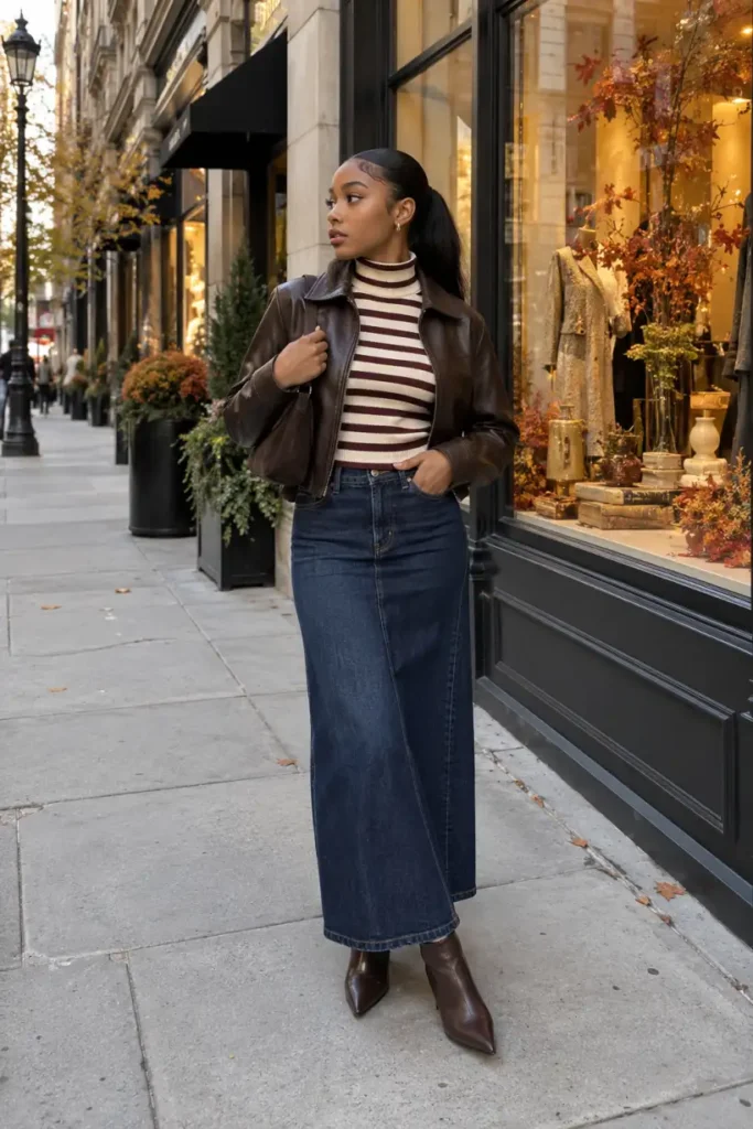 Black teen girl wearing a dark denim maxi skirt, cream and burgundy striped turtleneck, cropped brown leather jacket, and ankle boots for a trendy Thanksgiving outfit.