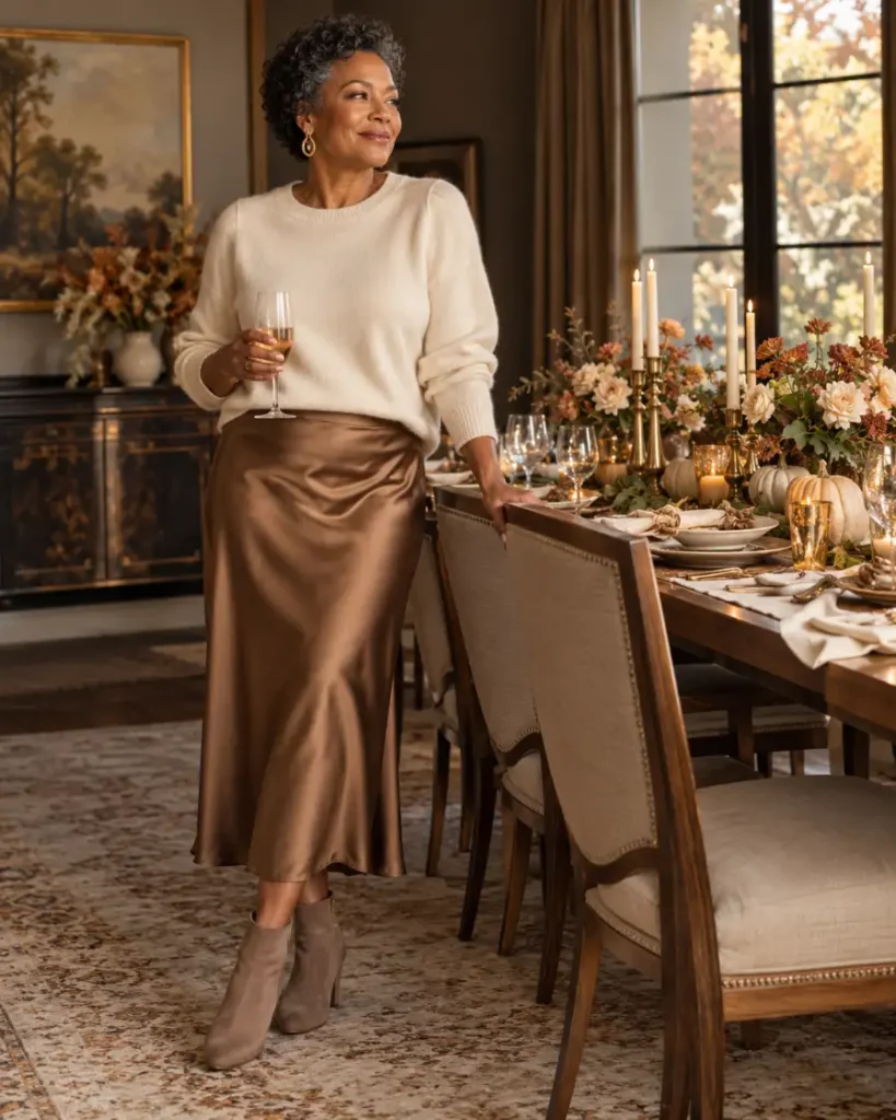 Elegant Black woman over 50 wearing an ivory knit sweater with a bronze satin midi skirt, taupe ankle boots, and delicate gold jewelry for a classy Thanksgiving dinner outfit.