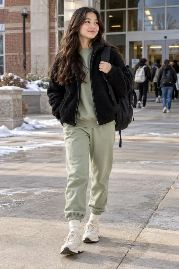 Teen school girl wearing a black sherpa zip jacket over a sage-green sweatshirt, matching joggers, thick socks, and cream chunky sneakers for a comfortable winter school look.
