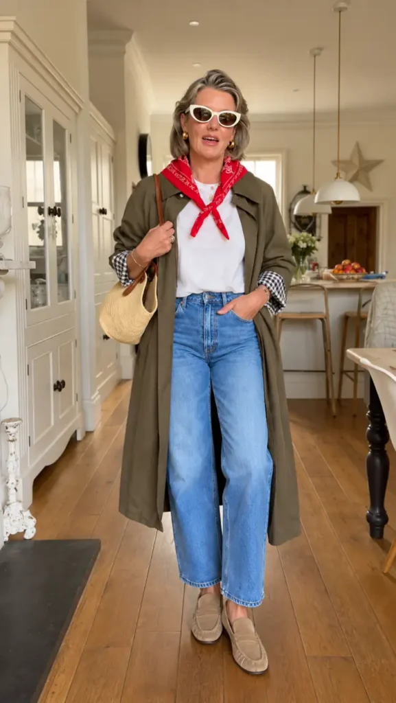 Stylish mature woman wearing an olive-green trench coat, white tee, wide-leg blue jeans, red neck scarf, and beige loafers for a casual winter outfit.