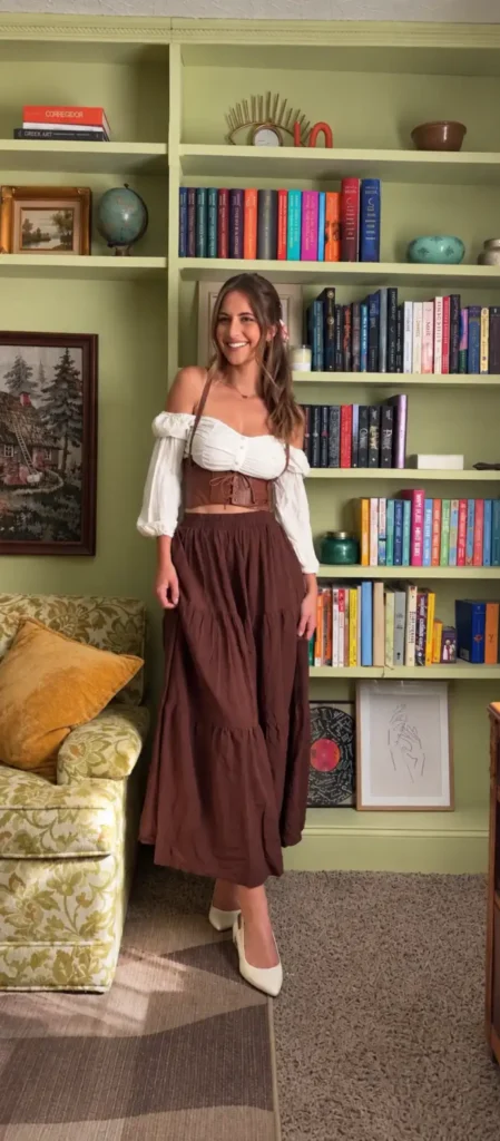 White off-shoulder blouse styled with a brown tiered maxi skirt, wide lace-up belt, cream heels, and brown shoulder bag.