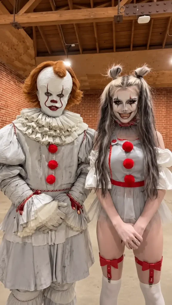 Spooky couple Halloween costumes featuring matching creepy clown looks in white, grey, and red with dramatic Halloween makeup.