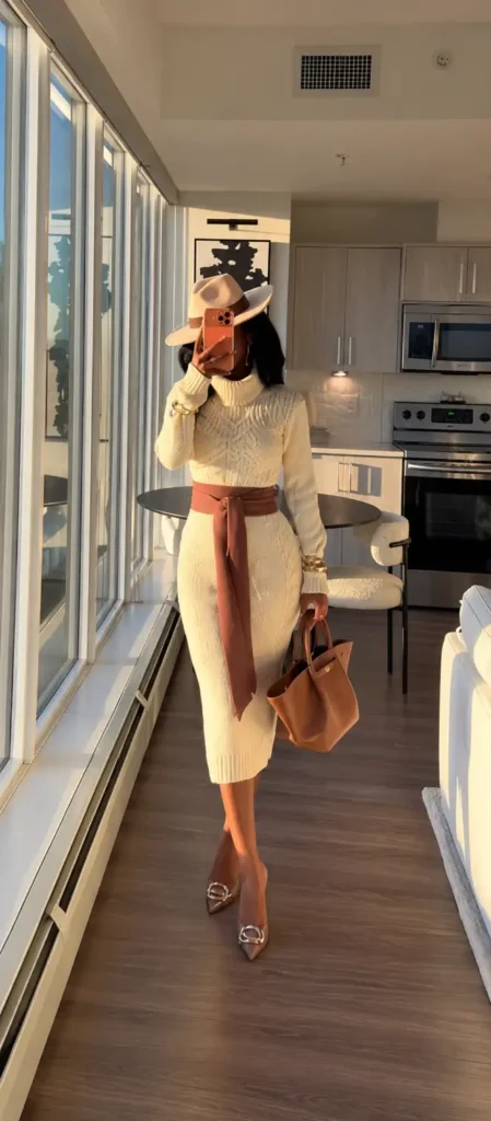 Black woman wearing a cream cable-knit turtleneck midi dress with a wide brown wrap belt, beige fedora hat, brown tote bag, and nude pointed heels with gold buckles.