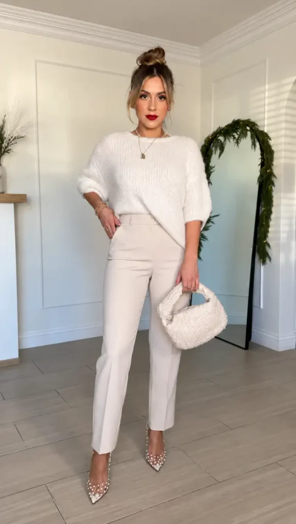 Woman styling a fluffy white knit sweater with cream tailored trousers, pearl-embellished pointed heels, and a textured ivory handbag for an elegant winter holiday look.