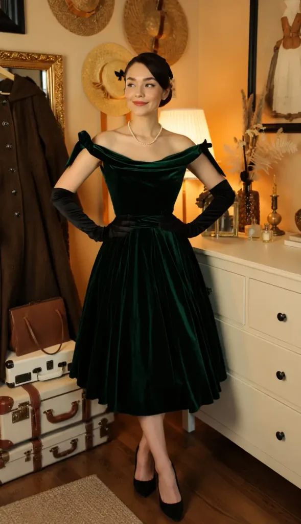 Woman wearing an emerald green off-shoulder velvet midi dress with a full skirt, black opera gloves, pearl necklace, and pointed heels for a vintage-inspired Christmas outfit.