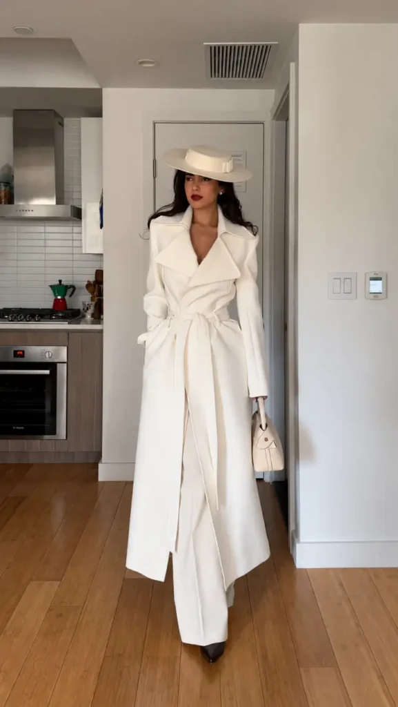 Woman wearing a long ivory belted wrap coat with matching wide-leg trousers, a cream wide-brim hat, structured handbag, and pointed shoes for an elegant monochrome winter outfit.