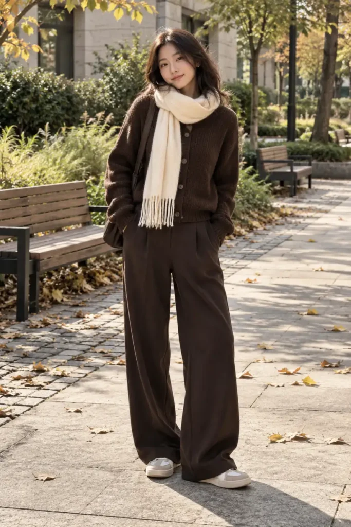 Asian teen girl wearing a chocolate brown knit cardigan, matching wide-leg trousers, cream suede sneakers, and an ivory scarf for a cozy monochrome Thanksgiving outfit.