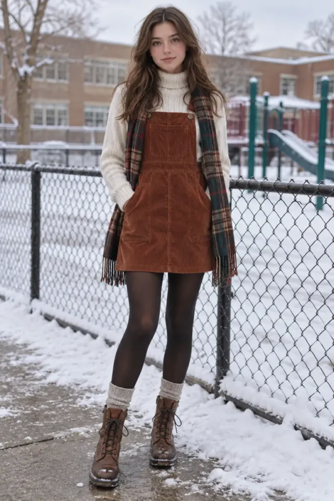 Teen school girl wearing a rust-brown corduroy pinafore dress over a cream turtleneck sweater, plaid scarf, black tights, wool socks, and brown lace-up winter boots.