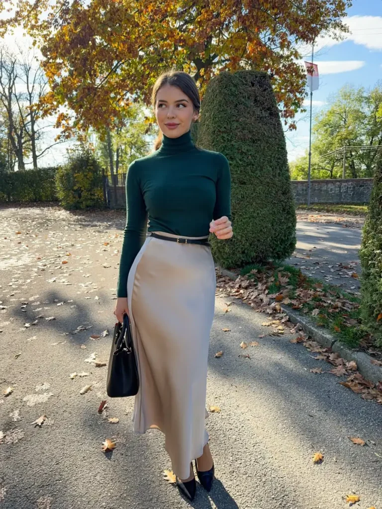 Forest green turtleneck paired with a beige satin maxi skirt, slim black belt, pointed heels, and structured black handbag.
