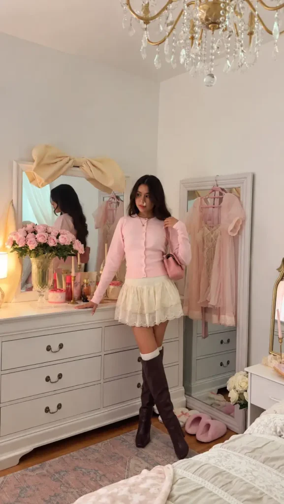 Woman wearing a pink fitted cardigan with a cream layered lace mini skirt, knee-high brown boots, and a pink shoulder bag.