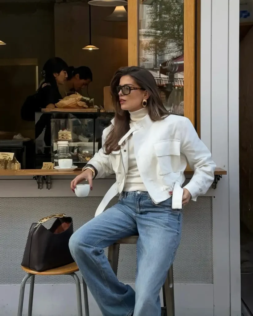 Cropped white jacket layered over a cream turtleneck with relaxed blue jeans, sunglasses, and a dark brown handbag for casual fall fashion.
