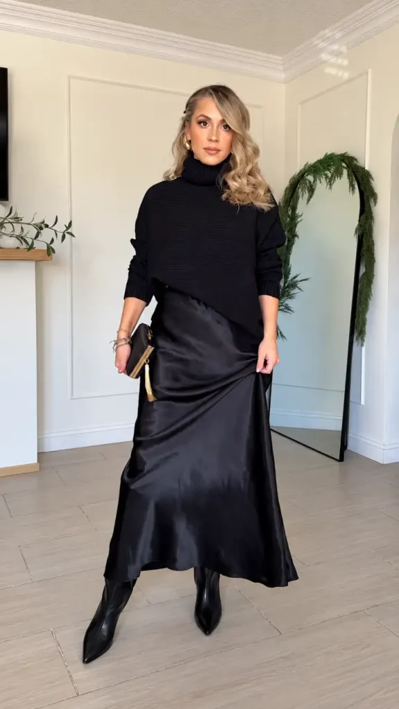 Woman wearing a chunky black turtleneck sweater with a flowing black satin maxi skirt, pointed ankle boots, and a gold-accented clutch for a chic winter dinner outfit.