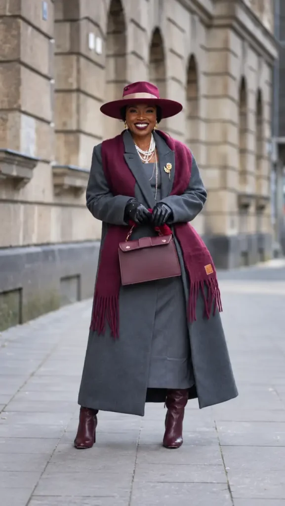Elegant Black woman wearing a long charcoal gray coat with a burgundy fringed scarf, matching wide-brim hat, burgundy leather boots, black gloves, and layered pearl necklaces.