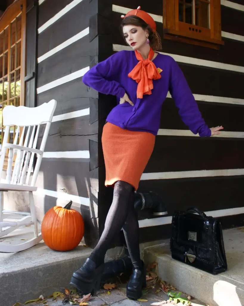 Woman wearing a purple cardigan with orange skirt, matching scarf and beret, black tights, and chunky loafers for a retro cartoon-inspired costume.