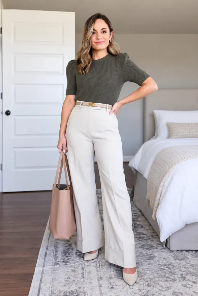 Woman wearing an olive green ribbed short-sleeve sweater with high-waisted cream wide-leg trousers, neutral pointed heels, and blush tote bag for a classy fall dinner.