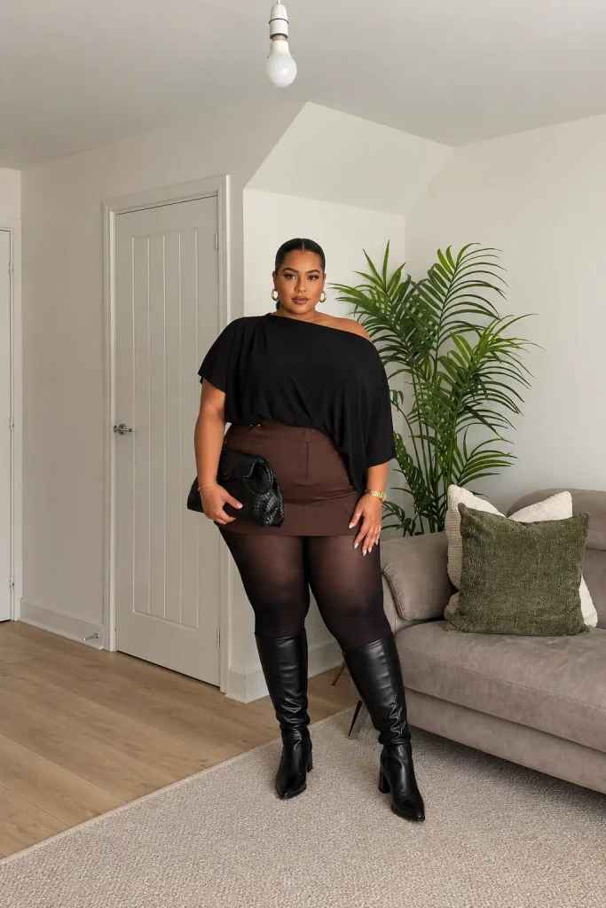 Curvy Black woman wearing a black off-shoulder blouse with a chocolate brown mini skirt, sheer black tights, tall leather boots, and a textured black clutch for fall.