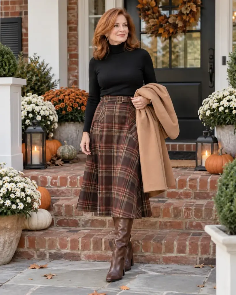 Sophisticated woman over 50 wearing a black fitted turtleneck with a burgundy plaid midi skirt, tall brown leather boots, and a camel wool coat for a classic Thanksgiving outfit.