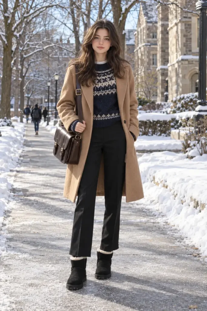 Teen school girl wearing a navy-and-cream Fair Isle knit sweater with straight black trousers, a long camel wool coat, and lined black ankle boots for a classic winter school outfit.