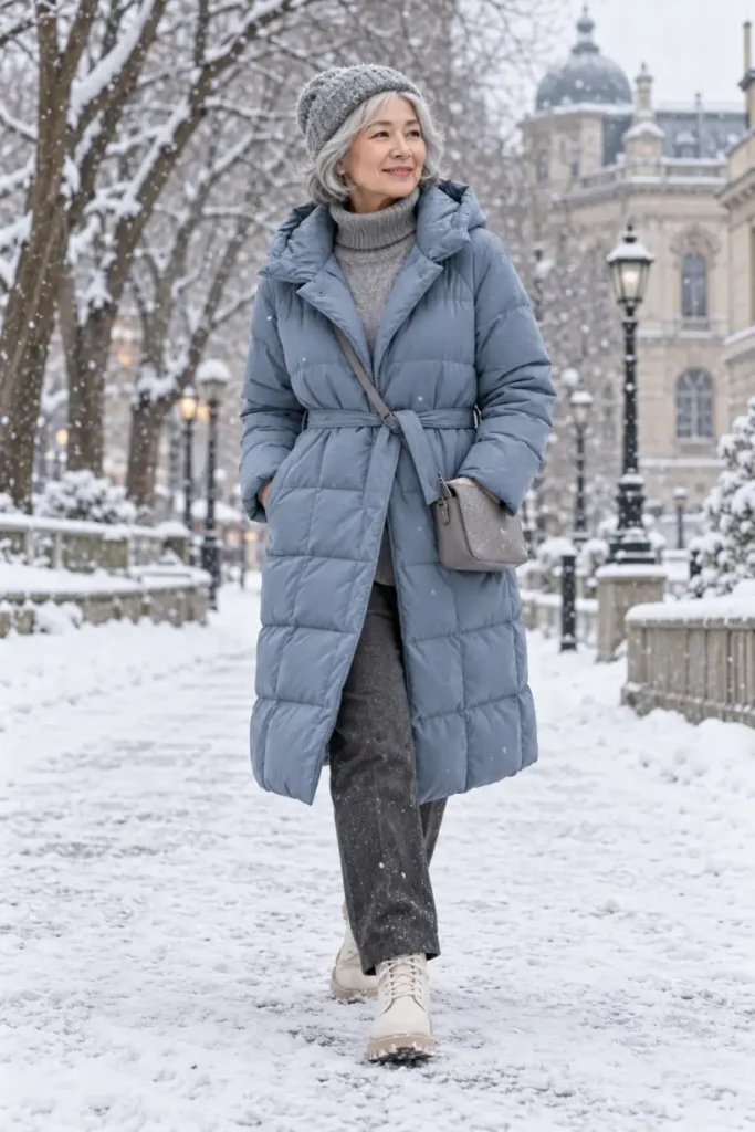 Silver-haired woman over 60 wearing an icy-blue belted puffer coat, charcoal trousers, gray knit beanie, and off-white snow boots for a warm casual winter outfit.