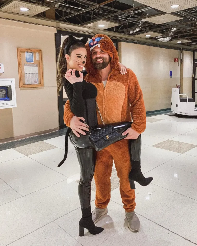 Cat and mouse couple Halloween costume with black cat outfit and fuzzy brown mouse onesie