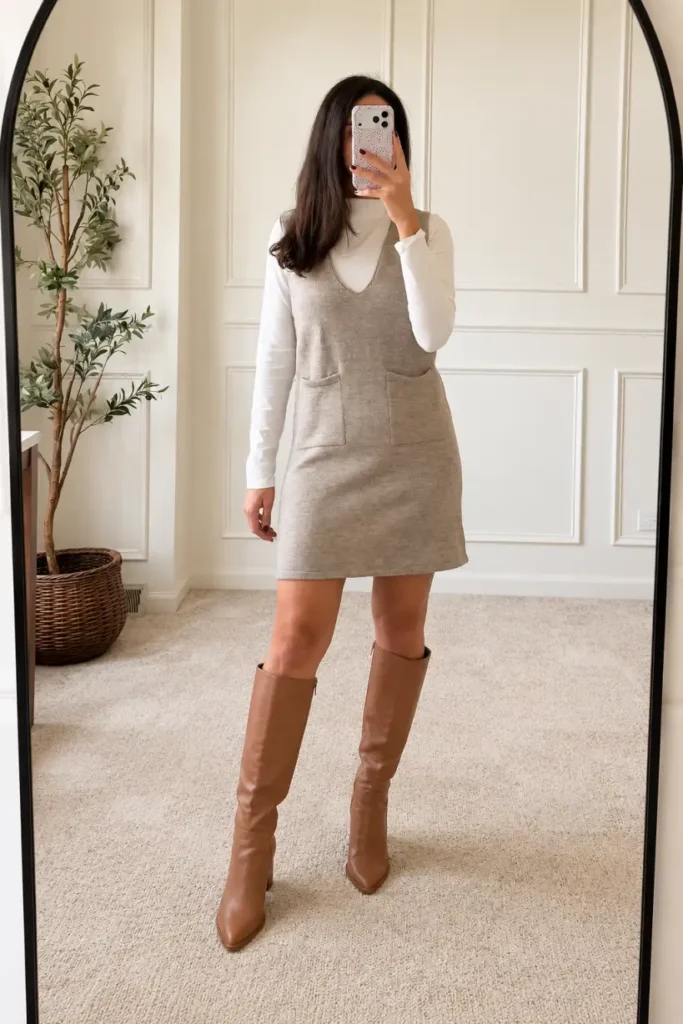 Woman wearing a beige V-neck pinafore mini dress layered over a white long-sleeve mock-neck top with tan knee-high boots for a preppy fall outfit.