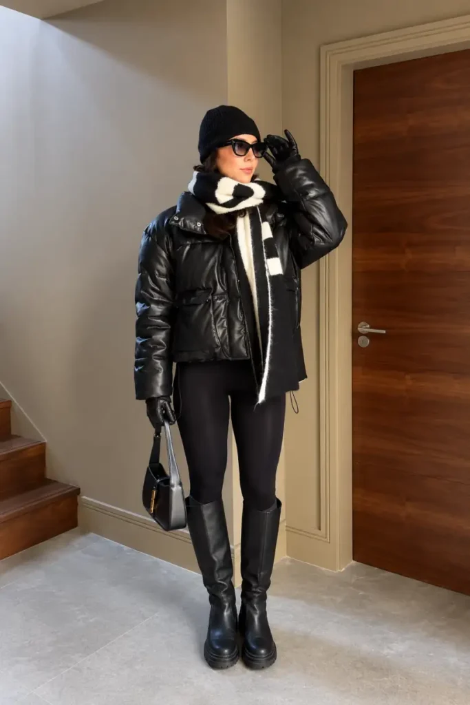 Woman wearing a glossy black leather-look puffer jacket with black leggings, chunky knee-high boots, a black beanie, and an oversized black-and-white patterned scarf for a trendy winter outfit.