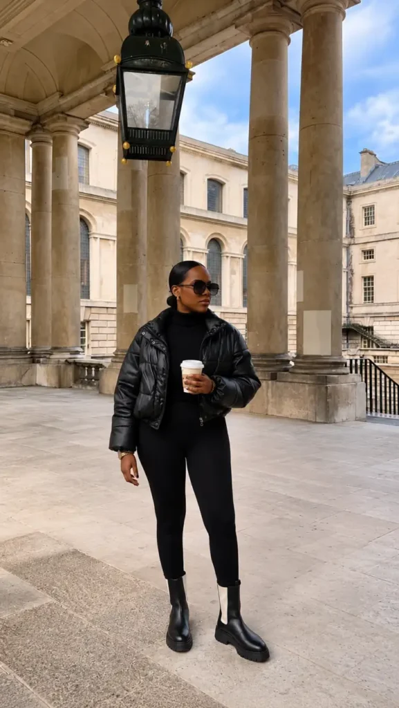 Black woman wearing a cropped black puffer jacket over a black ribbed turtleneck and fitted leggings, styled with chunky black Chelsea boots and oversized sunglasses.