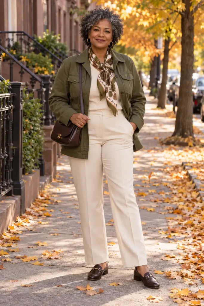 Mature Black woman wearing an olive-green field jacket over a cream knit top with ecru tailored trousers, brown loafers, and a crossbody bag for a classy casual fall outfit.