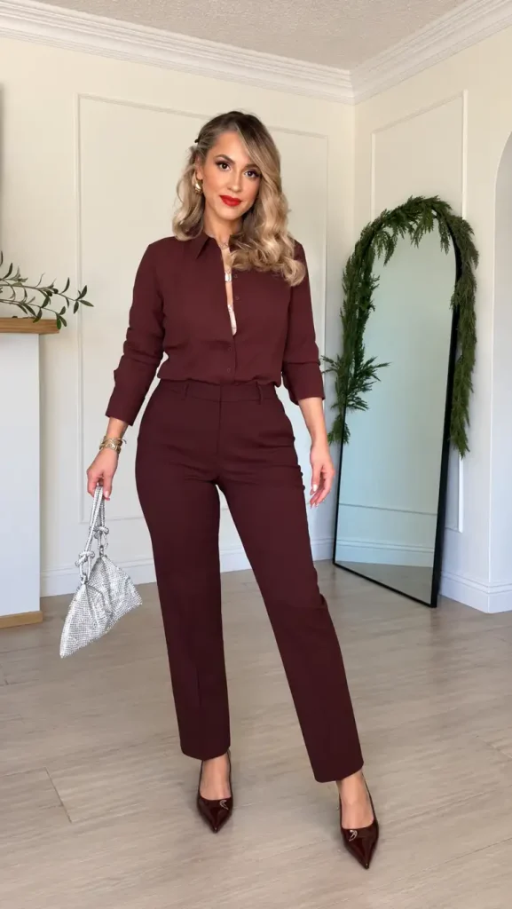Woman styling a burgundy button-down blouse with matching tailored trousers, pointed burgundy heels, and a silver sparkling handbag for a classy Christmas outfit.