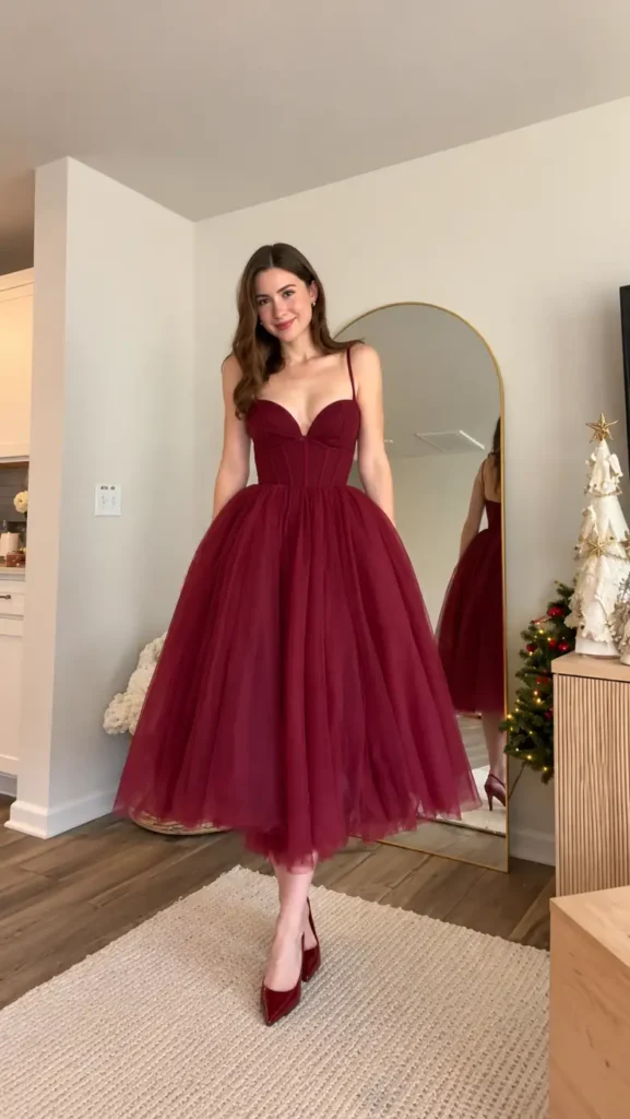 Woman wearing a burgundy corset midi dress with a voluminous tulle skirt, sweetheart neckline, and matching pointed heels for an elegant Christmas celebration.