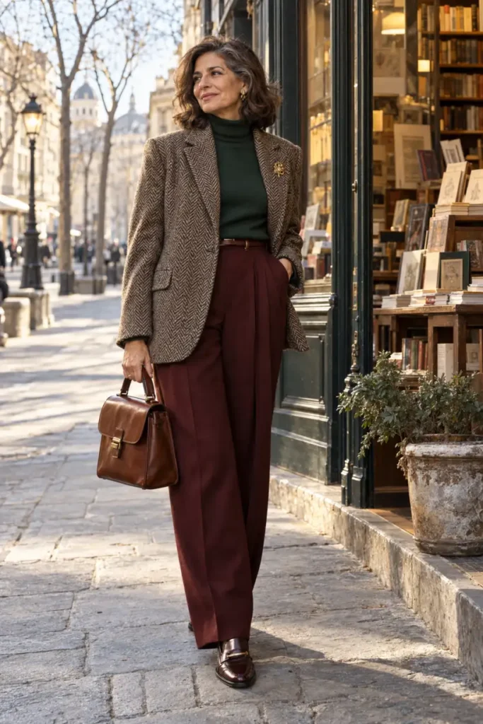 Elegant woman over 50 wearing a brown herringbone tweed blazer with a gold brooch, forest-green turtleneck, burgundy trousers, and leather loafers.