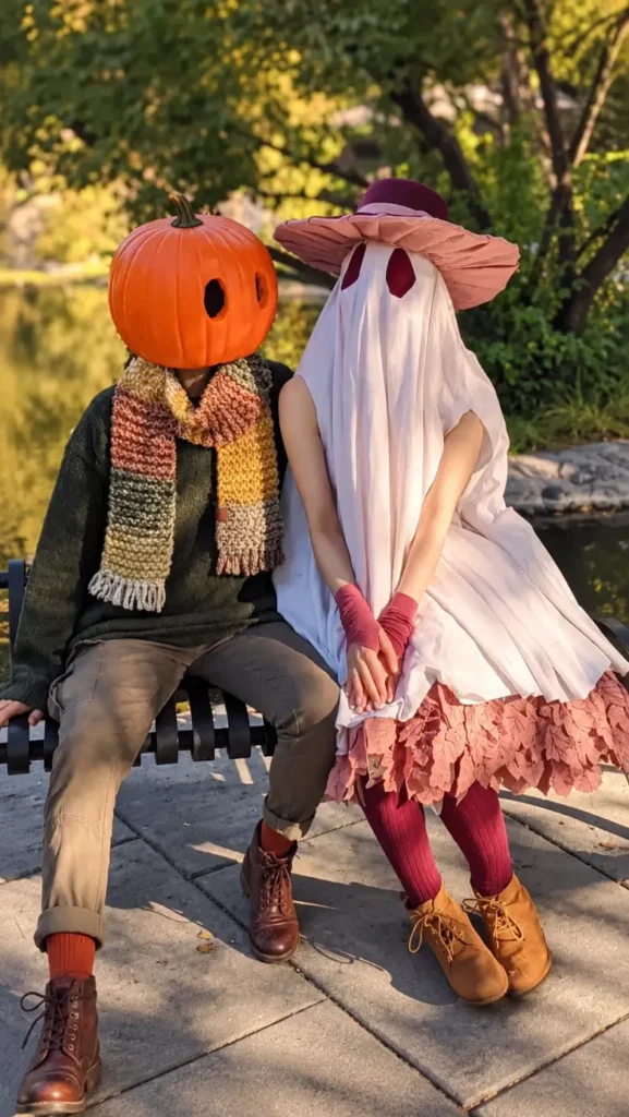 Cozy pumpkin head and ghost couple costume with autumn knits, pink layers, and earthy fall colors.