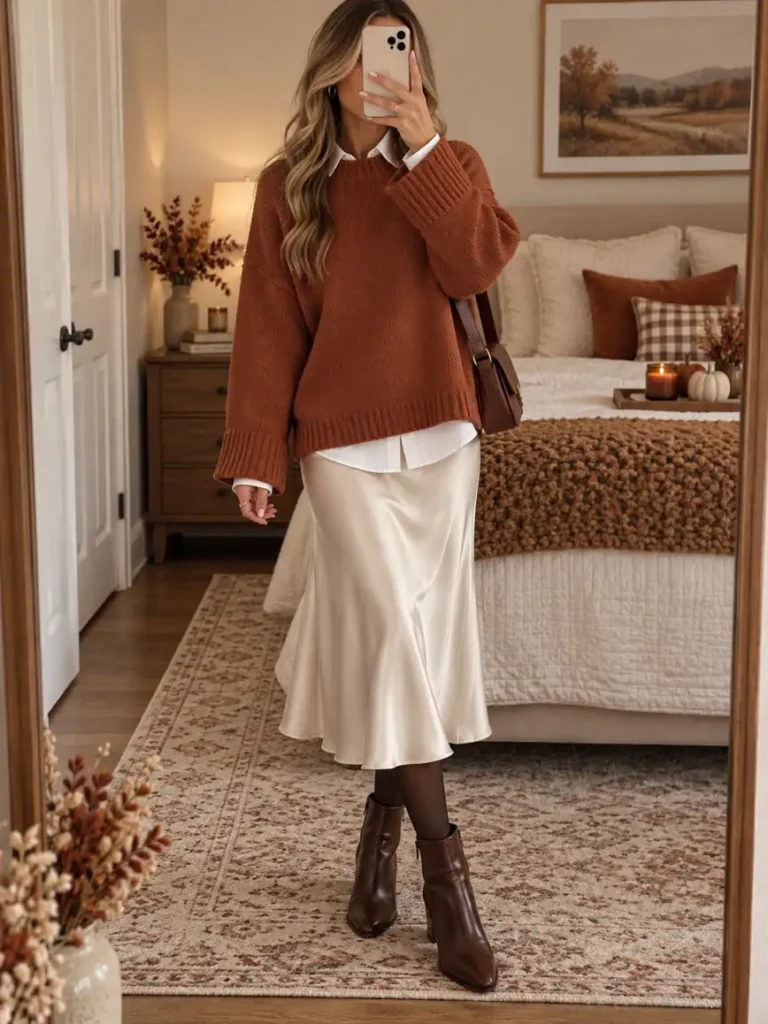 Woman wearing a rust oversized sweater layered over a white button-up shirt with a champagne satin midi skirt, sheer brown tights, and brown ankle boots.