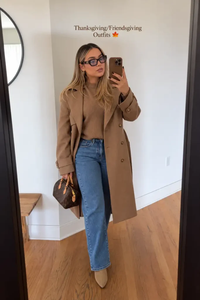 Woman wearing a long camel double-breasted coat over a tan sweater with blue straight-leg jeans, beige pointed-toe boots, and a patterned handbag for a classy Friendsgiving outfit.