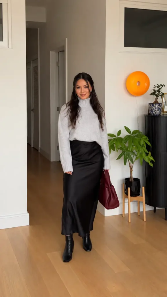 Petite woman wearing a soft grey turtleneck sweater with a black satin midi skirt, black ankle boots, and a burgundy handbag.
