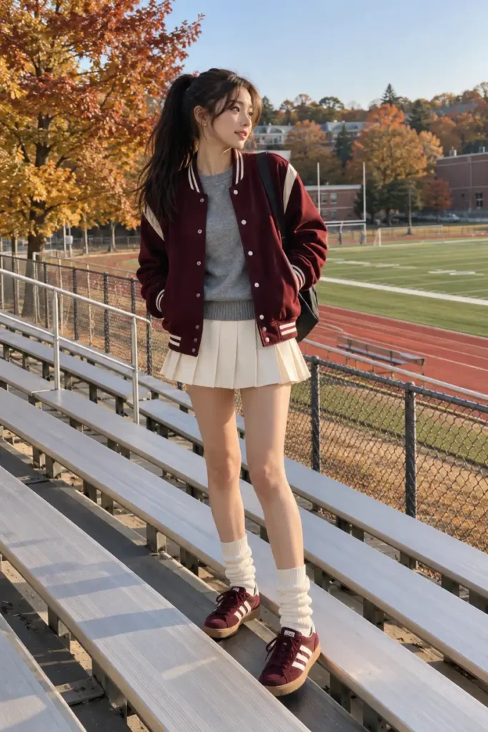 Korean teen girl wearing a burgundy varsity jacket, gray crewneck sweater, cream pleated mini skirt, and retro sneakers for a sporty preppy Thanksgiving outfit.