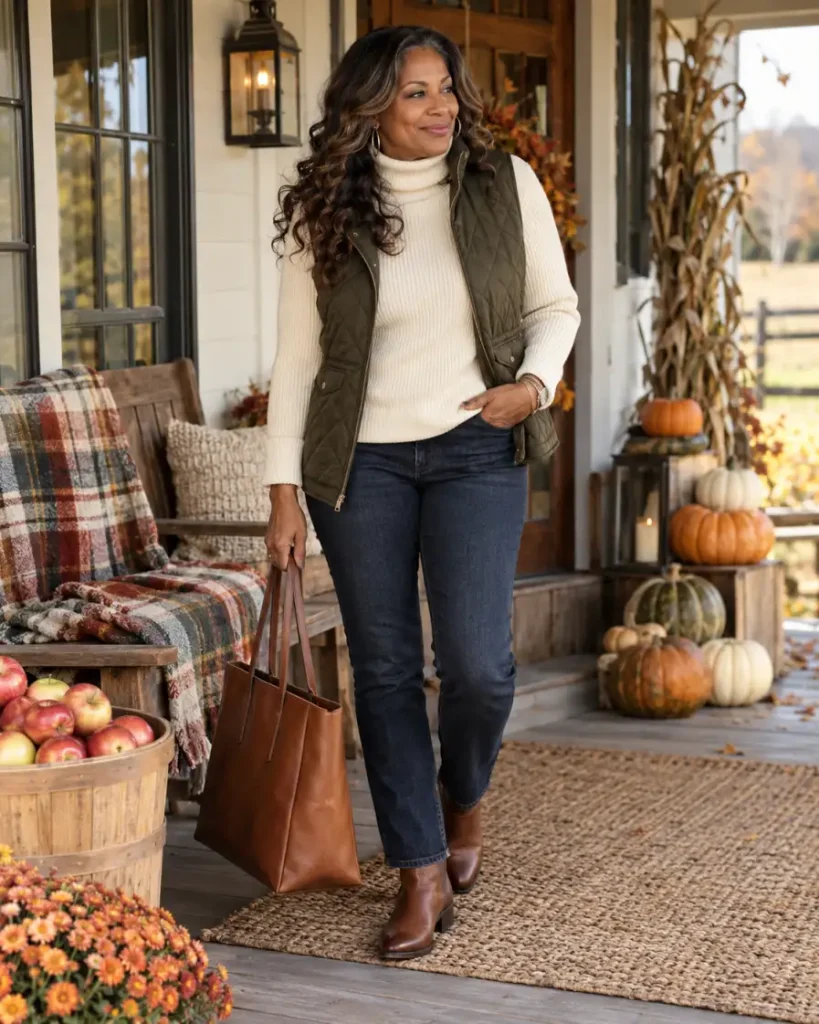 Stylish Black woman over 50 wearing an olive quilted vest over a cream ribbed turtleneck with dark straight-leg jeans and brown ankle boots for a cozy Thanksgiving outfit.